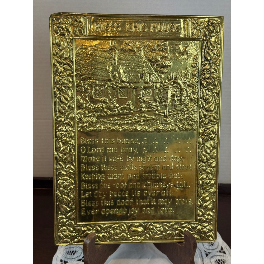 Vintage Bless‎ This House Embossed Brass Wall Plaque Cottage Scene Gold Tone 11"